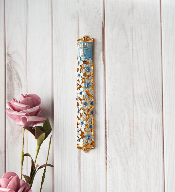 Matashi Hand Painted 5.5" Flower Mezuzah W/ Menorah Design & Crystals