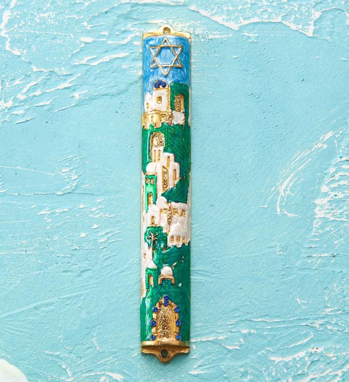 Matashi Hand Painted 5.5" Enamel Jerusalem Cityscape Mezuzah W/ Crystals