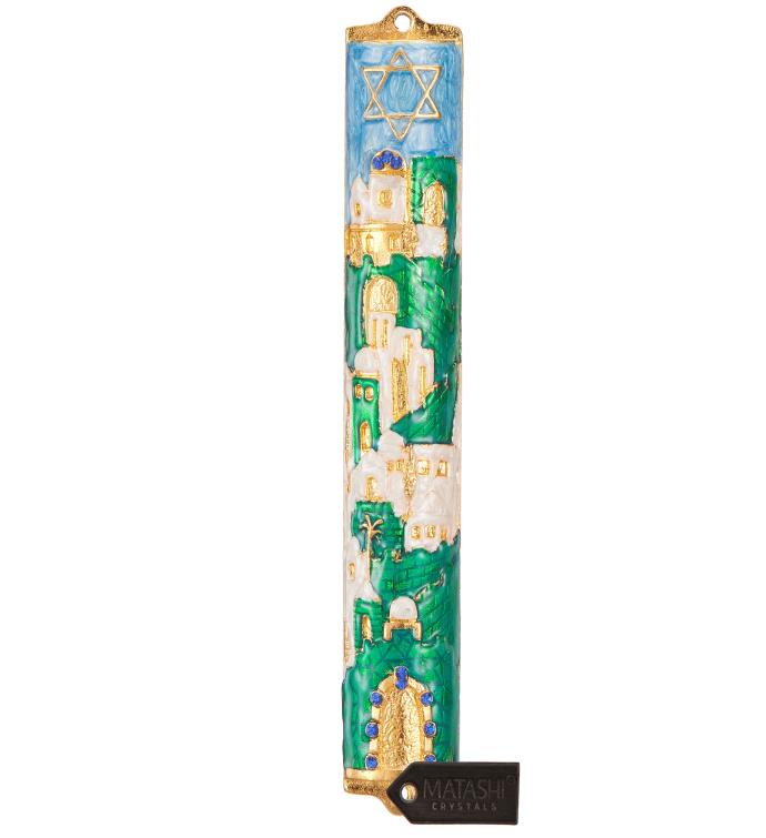 Matashi Hand Painted 5.5" Enamel Jerusalem Cityscape Mezuzah W/ Crystals