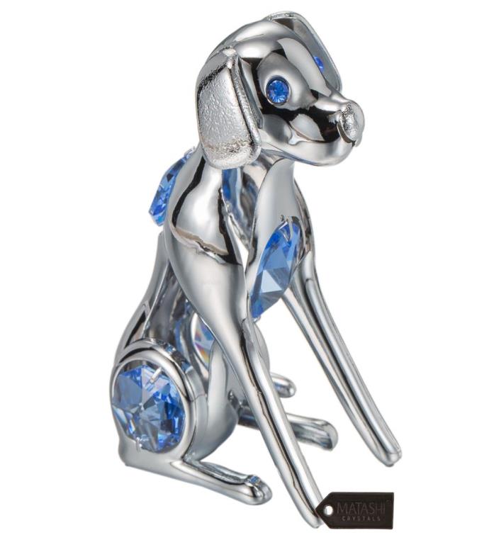 Matashi Chrome Plated Dog With Blue Crystals Decorative Tabletop Ornament