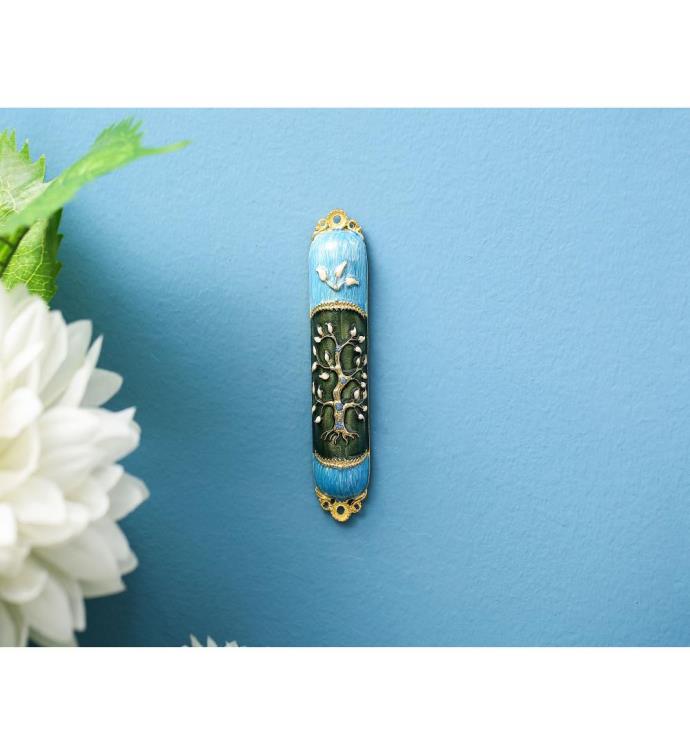 Matashi Hand Painted Enamel Mezuzah W/ A Tree Of Life Design W/ Crystals