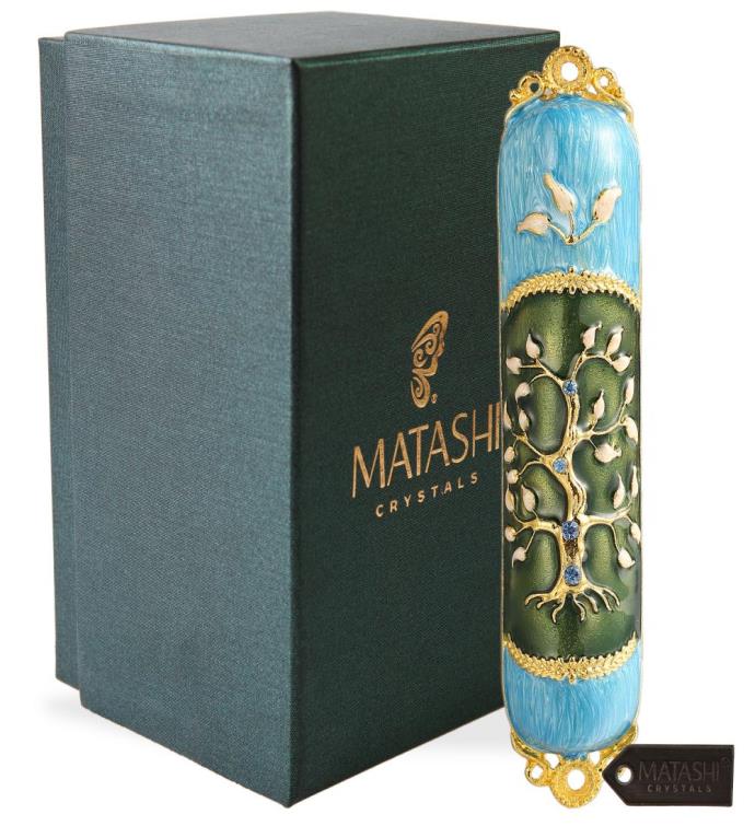 Matashi Hand Painted Enamel Mezuzah W/ A Tree Of Life Design W/ Crystals