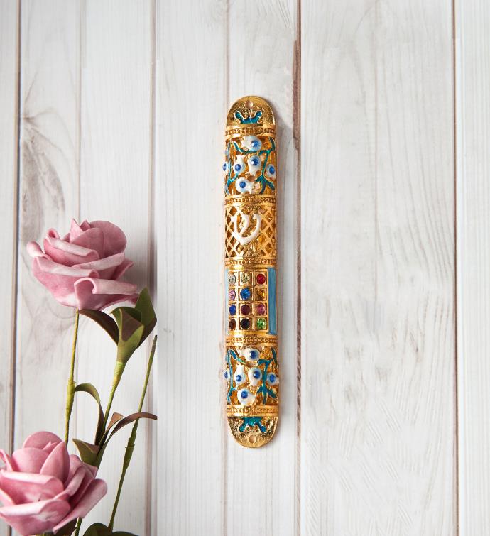 Matashi Hand Painted 6" Enamel Floral Mezuzah W/ Crystals & Gold Accents