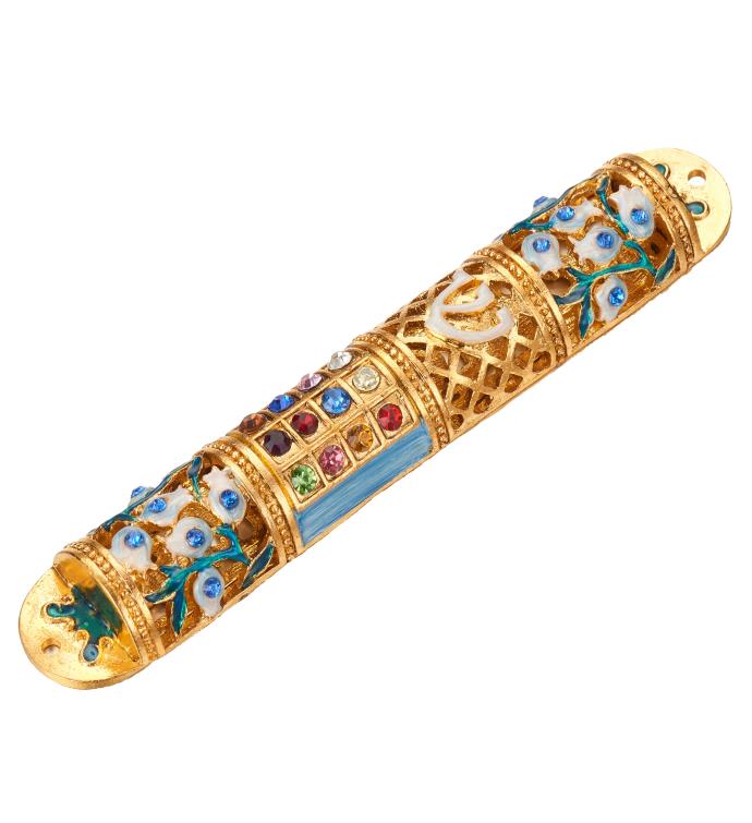 Matashi Hand Painted 6" Enamel Floral Mezuzah W/ Crystals & Gold Accents