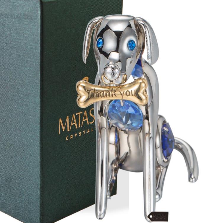 Matashi Chrome Plated Silver Dog & Bone Figurine Ornament W/ Blue Crystal