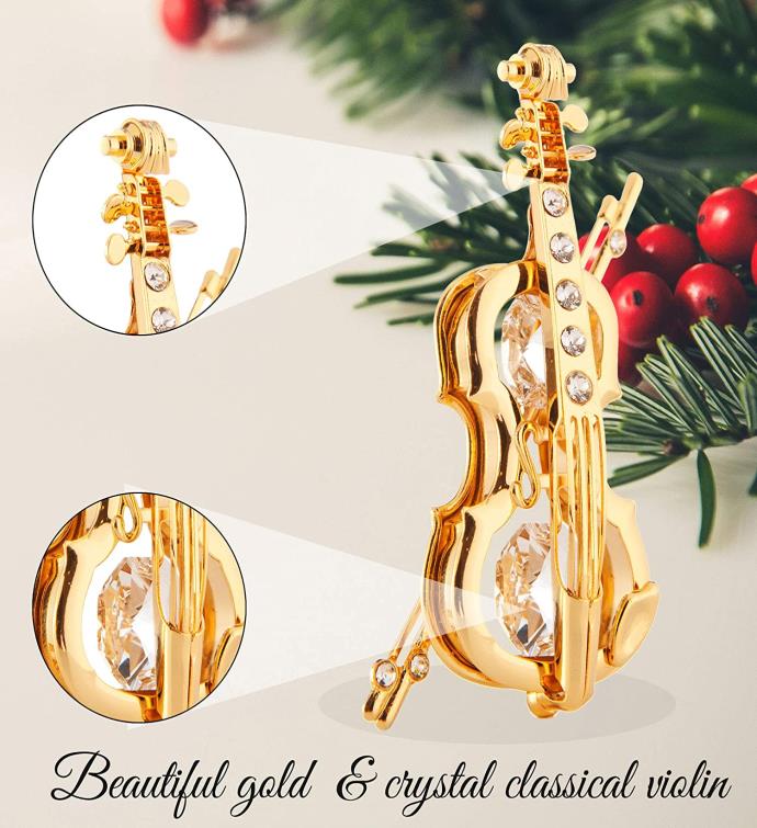 24k Gold Plated Crystal Studded Violin and Bow Ornament