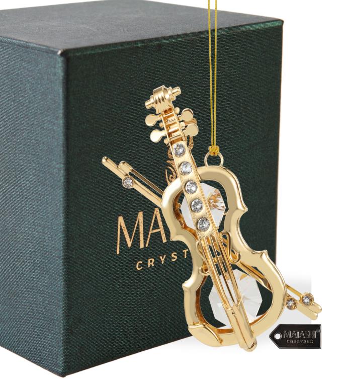 24k Gold Plated Crystal Studded Violin and Bow Ornament