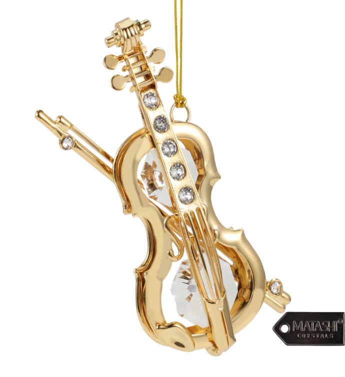 24k Gold Plated Crystal Studded Violin and Bow Ornament