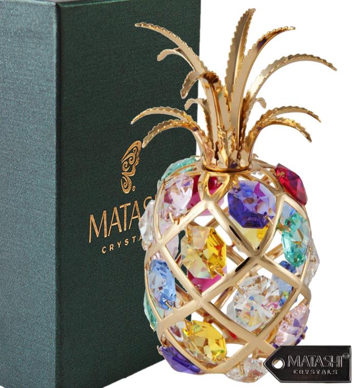 24k Gold Plated Pineapple Ornament With Colored Crystals By Matashi