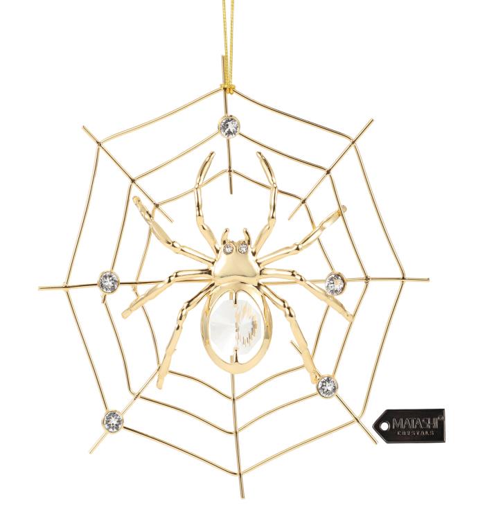 24k Gold Plated Crystal Studded Spider On Spider Web Ornament By Matashi