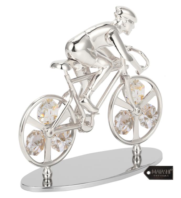 Silver Plated Cyclist On A Bicycle Figurine With Crystals By Matashi