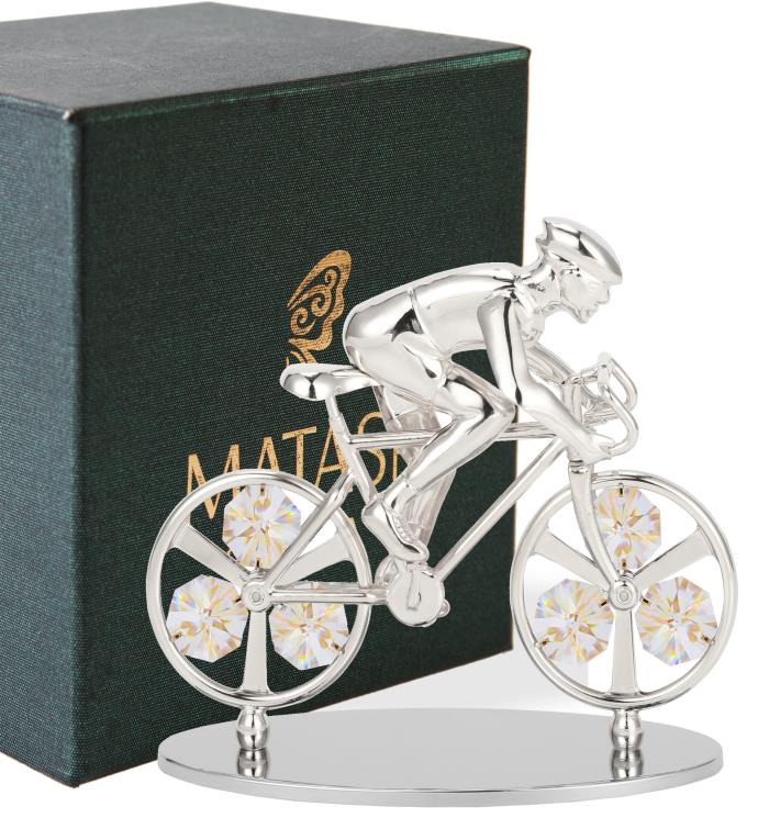 Silver Plated Cyclist On A Bicycle Figurine With Crystals By Matashi