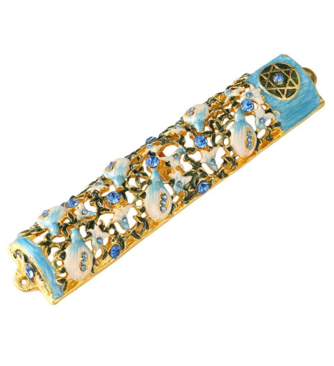 Matashi Hand Painted 6" Enamel Mezuzah W/ Ivy & Flowers Design W/ Crystals