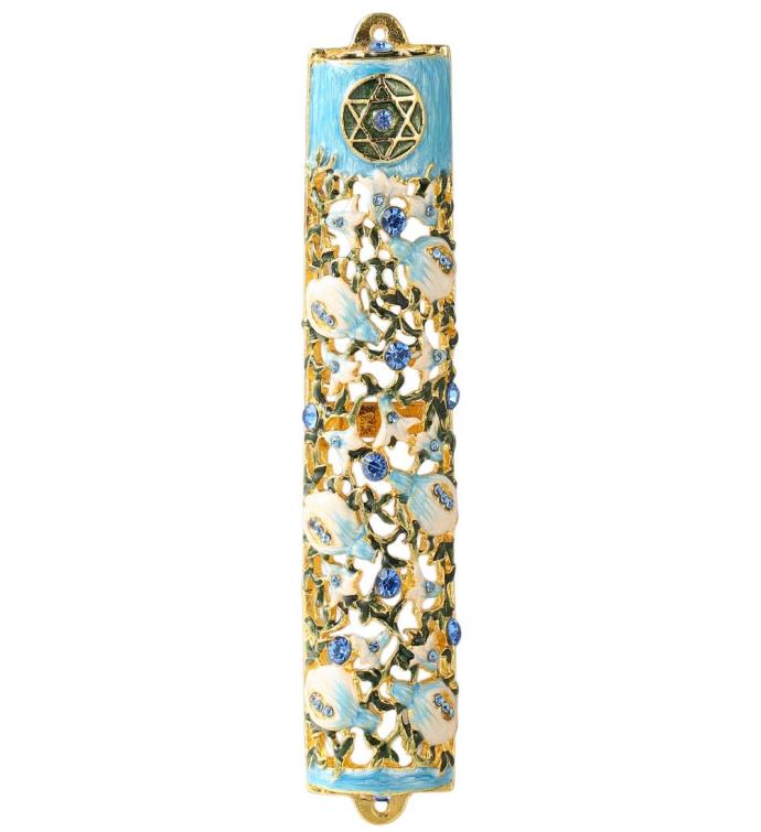 Matashi Hand Painted 6" Enamel Mezuzah W/ Ivy & Flowers Design W/ Crystals