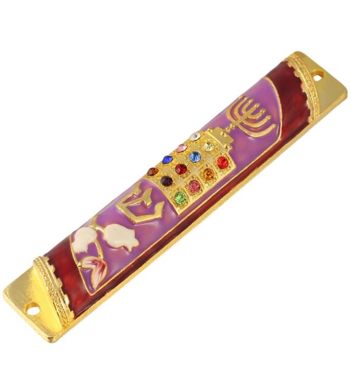 Matashi Hand Painted Enamel Mezuzah W/ A Menorah & Crystals