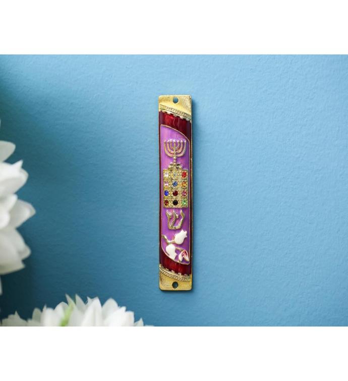 Matashi Hand Painted Enamel Mezuzah W/ A Menorah & Crystals