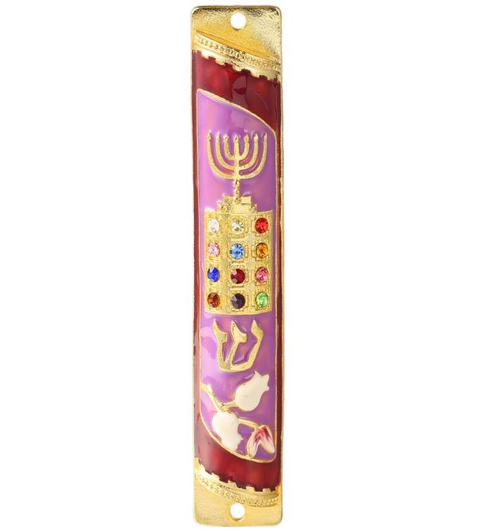 Matashi Hand Painted Enamel Mezuzah W/ A Menorah & Crystals