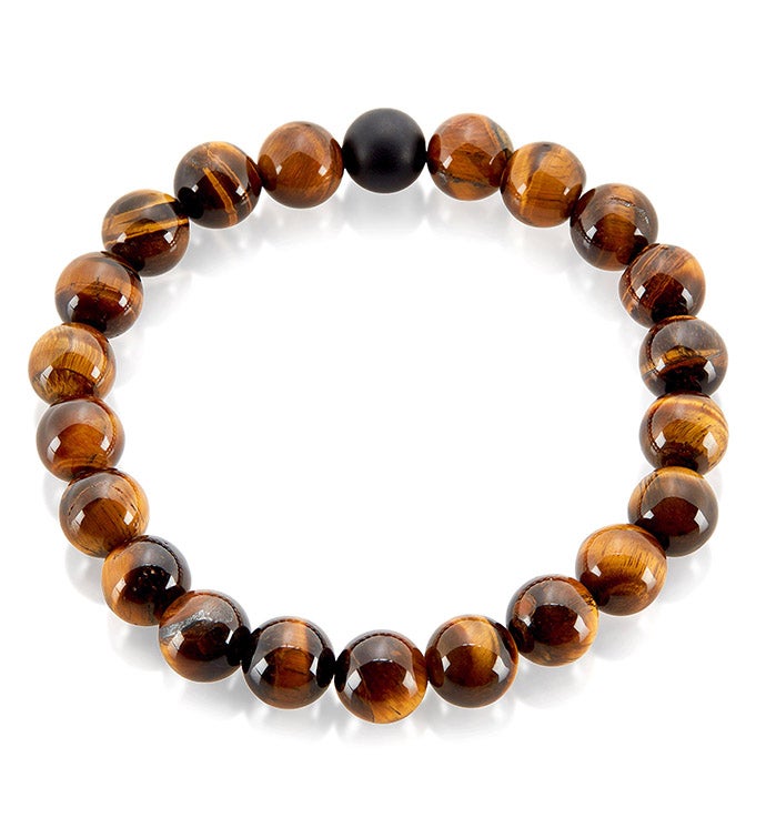 Polished Tiger's Eye And Matte Onyx 10mm Stone Bead Stretch Bracelet