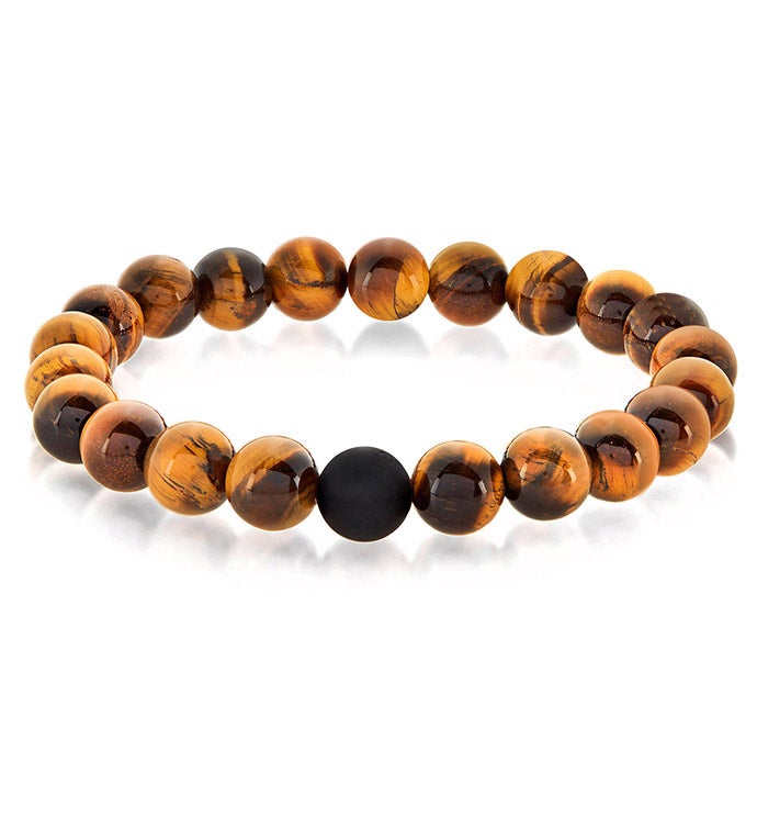 Polished Tiger's Eye And Matte Onyx 10mm Stone Bead Stretch Bracelet