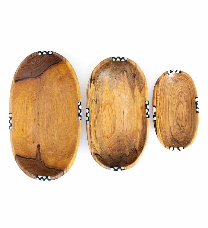 Olive Wood Serving Bowls With Bone Inlay Accent