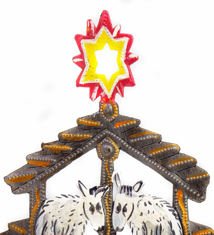 Haitian Metal Drum Tabletop Nativity With Barn Animals