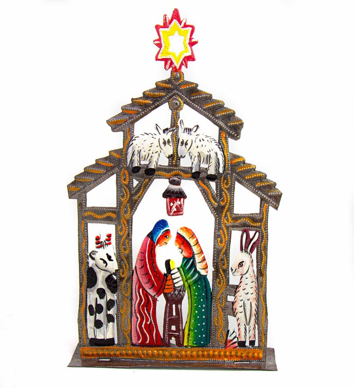 Haitian Metal Drum Tabletop Nativity With Barn Animals
