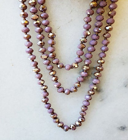 Taupe And Purple Crystal Necklace Delicately Spaced With Decorative Knot
