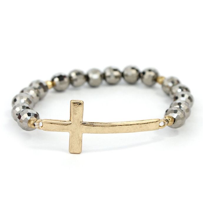 Gold Cross And Pyrite Crystal Stretch Bracelet
