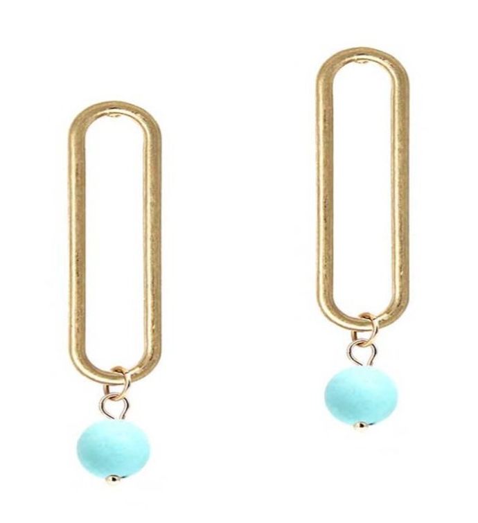 Gold Oval Earrings With Blue Soap Stone Accent