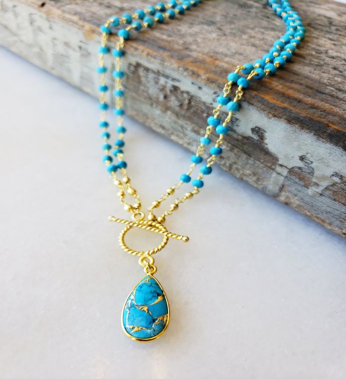 Michaela Double Lariat Necklace Turquoise Chain With Copper Turquoise Drop
