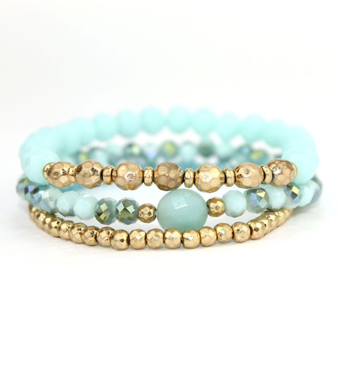 Light Blue And Teal Crystal With Gold Stones Stretch Bracelet Set Of 3
