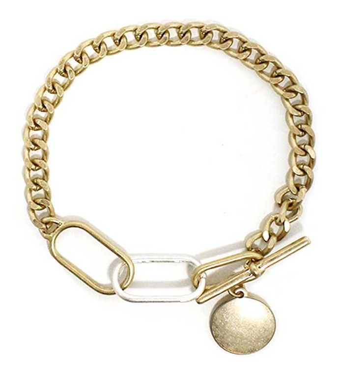Gold Metal Disc Charm Chain Toggle Bracelet
