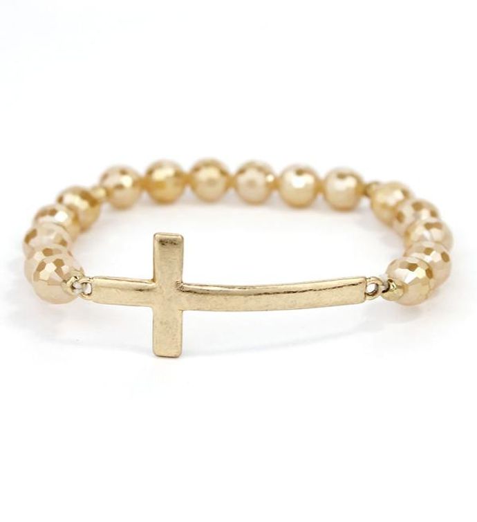 Gold Cross And Ball Bead Stretch Bracelet