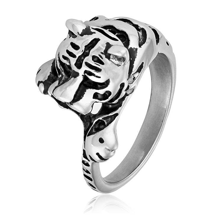 Men's Antiqued Stainless Steel Tiger Ring