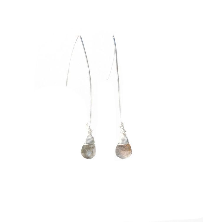 Jill  Long Wire Drop Earrings in Labradorite 