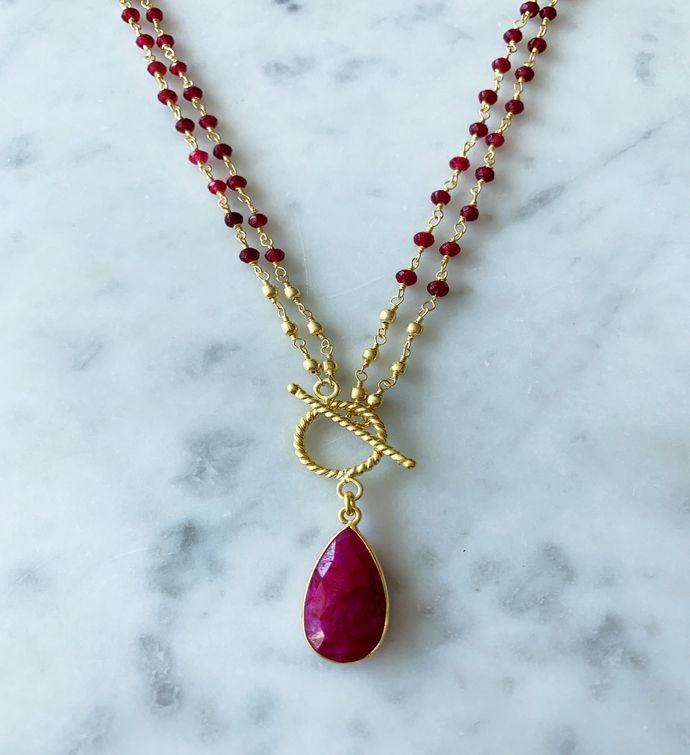 Michaela Double Lariat Necklace Ruby Chain With Ruby Drop