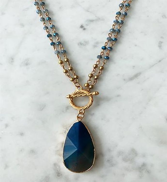 Royal Blue Crystal Layered Necklace With Natural Stone Sapphire Drop