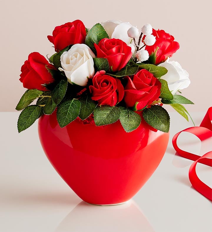 Red Heart Vase With Soap Flowers