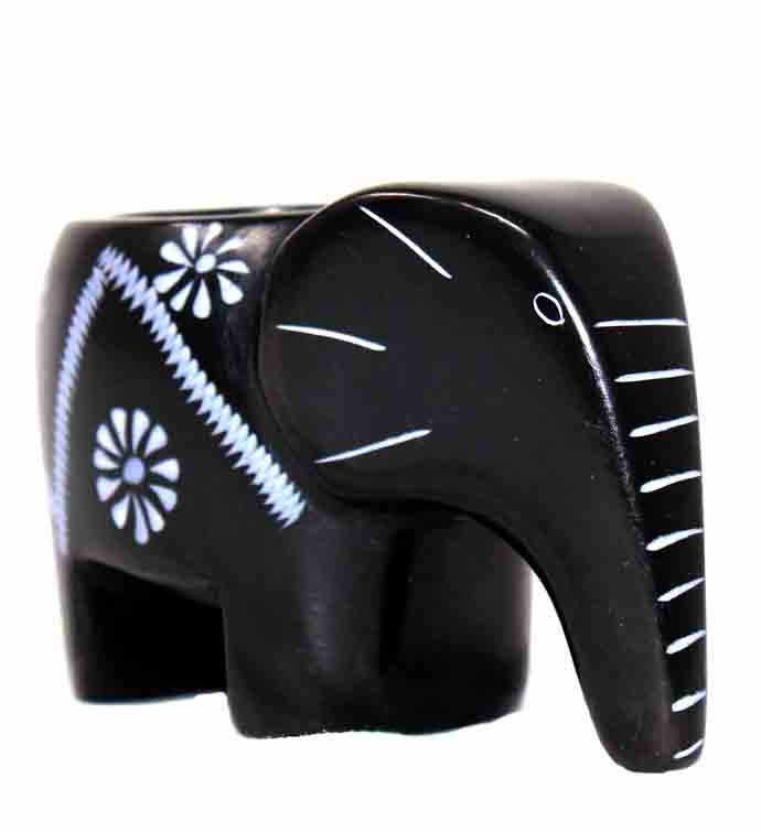 Elephant Soapstone Tea Light   Black Finish With Etch Design