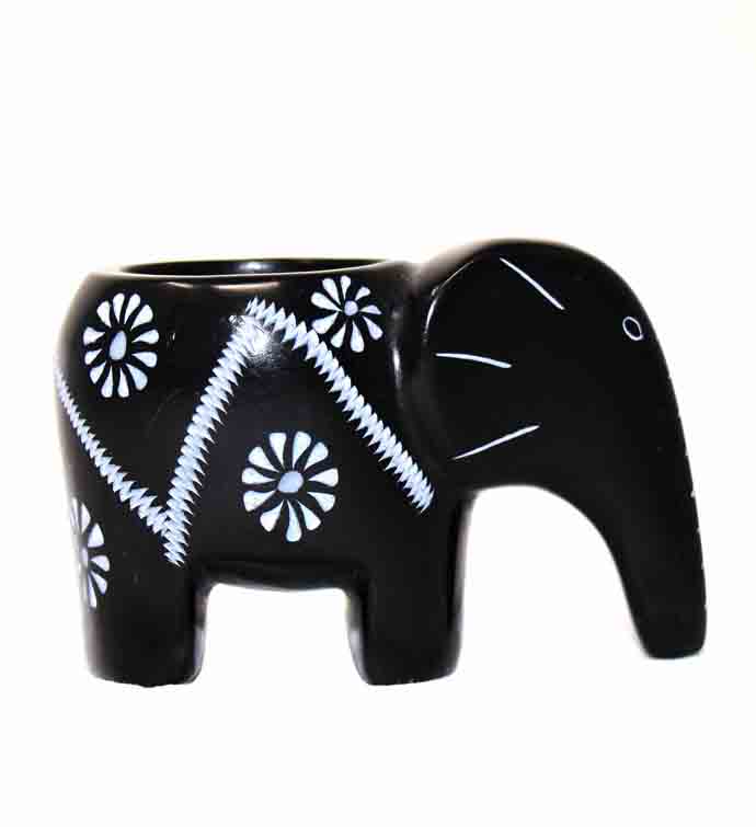 Elephant Soapstone Tea Light   Black Finish With Etch Design