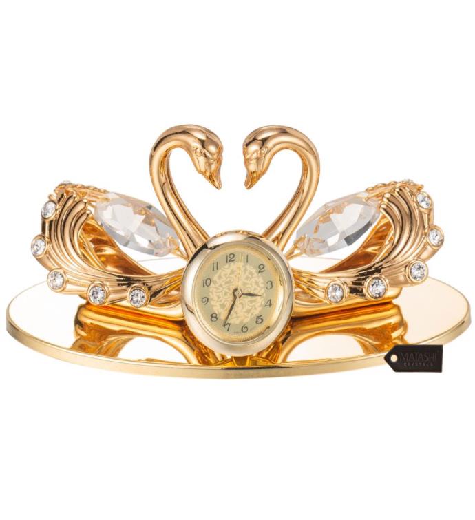 24k Gold Plated Loving Swans Figurine Table-top Clock Ornament By Matashi