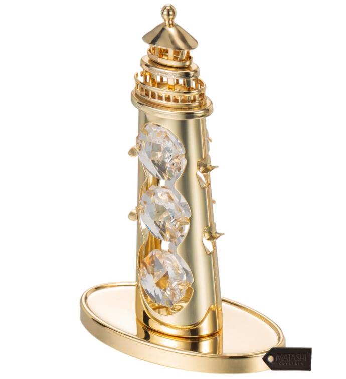 24k Gold Plated Crystal Lighthouse Ornament W/ Clear Crystals By Matashi