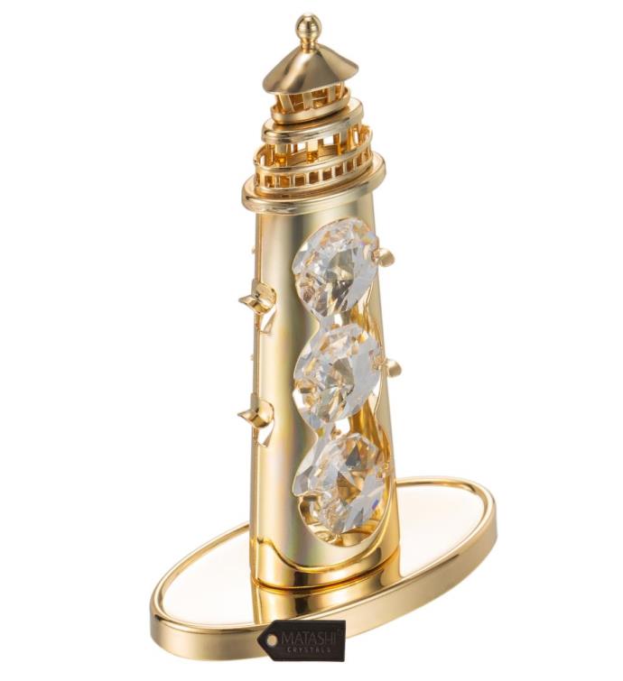 24k Gold Plated Crystal Lighthouse Ornament W/ Clear Crystals By Matashi