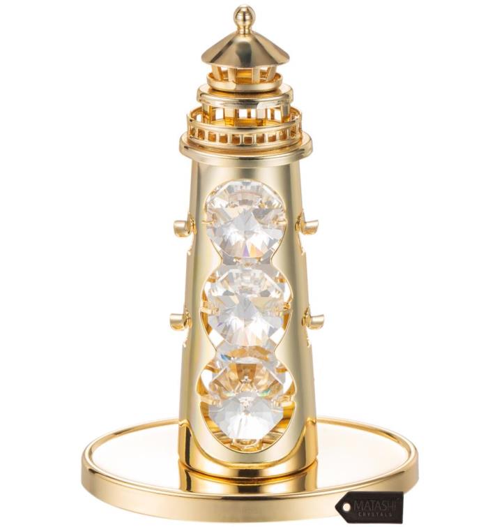 24k Gold Plated Crystal Lighthouse Ornament W/ Clear Crystals By Matashi