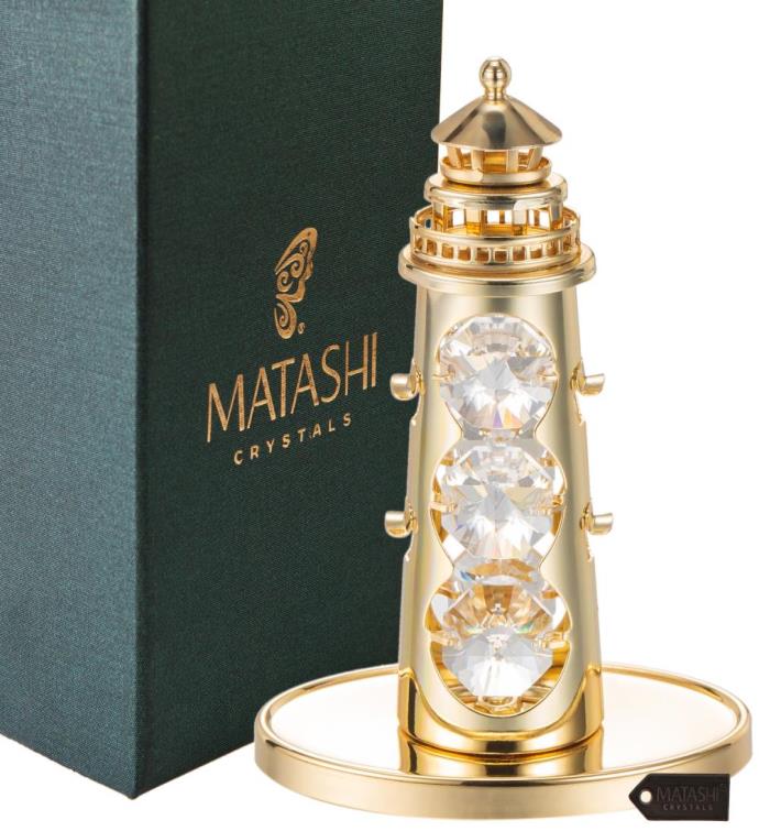 24k Gold Plated Crystal Lighthouse Ornament W/ Clear Crystals By Matashi