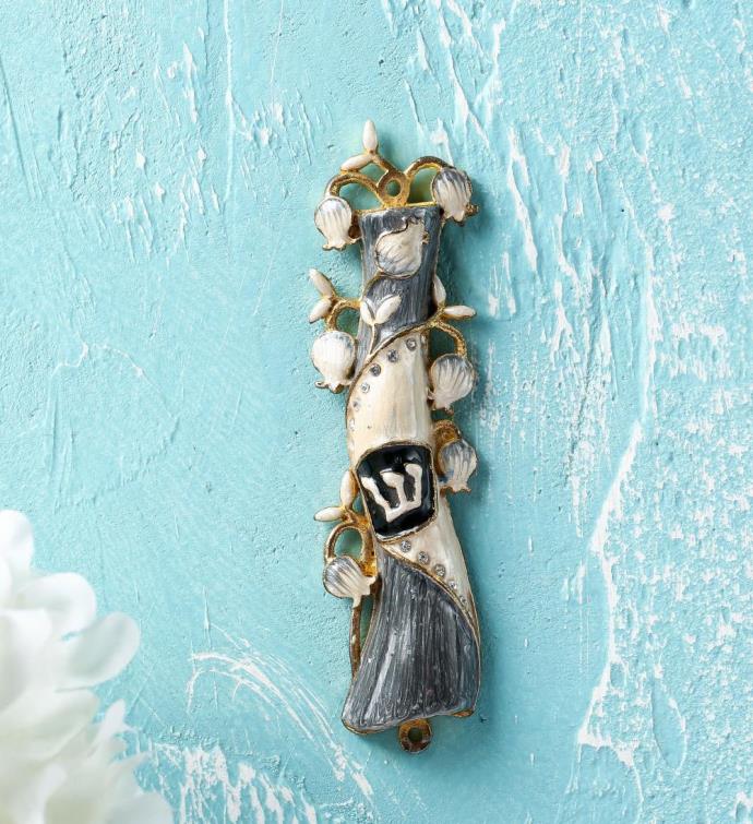 Hand Painted Grey & White Enamel Mezuzah With A Pomegranate Floral Design