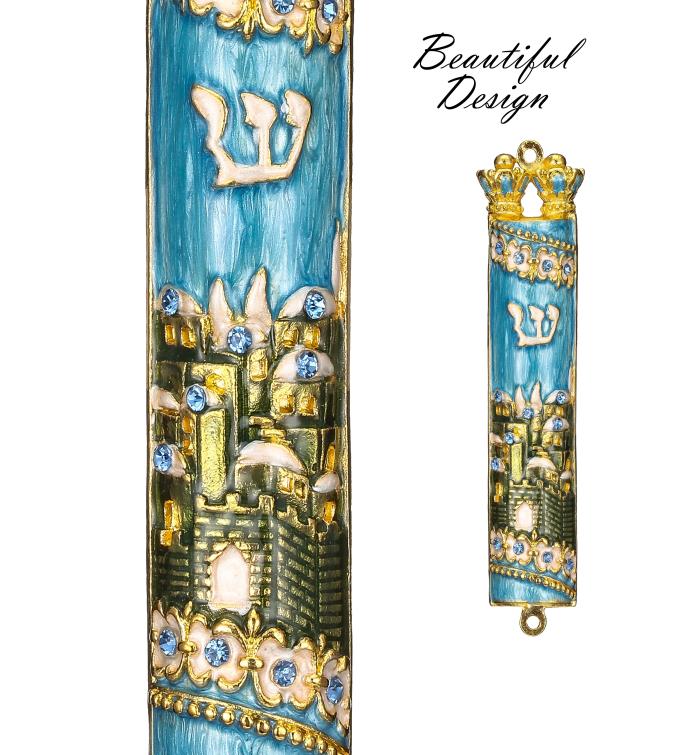 Hand Painted Blue & Green Enamel Mezuzah With Jerusalem City Design