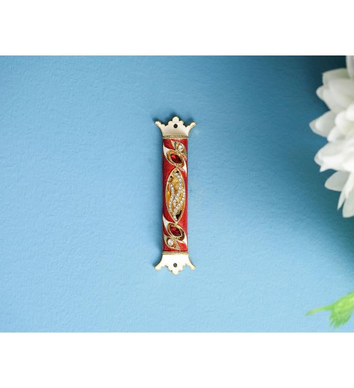 4.5" Hand Painted Enamel Mezuzah With A Royal Red Design