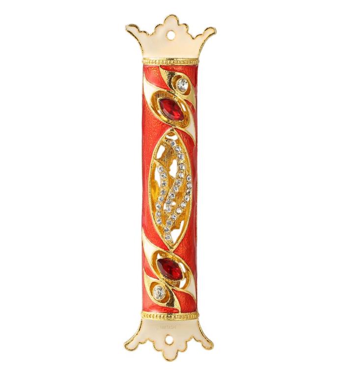 4.5" Hand Painted Enamel Mezuzah With A Royal Red Design