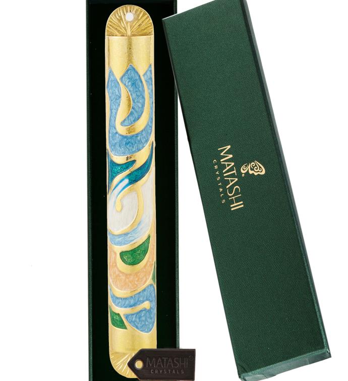 Gold Hand Painted Enamel 6'' Mezuzah With Hebrew Shin Home Door Wall Decor
